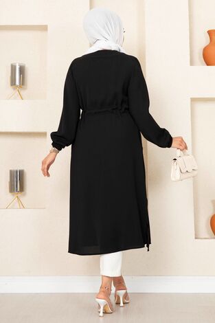 Tünel Kemerli Tesettür Kimono Siyah - Thumbnail