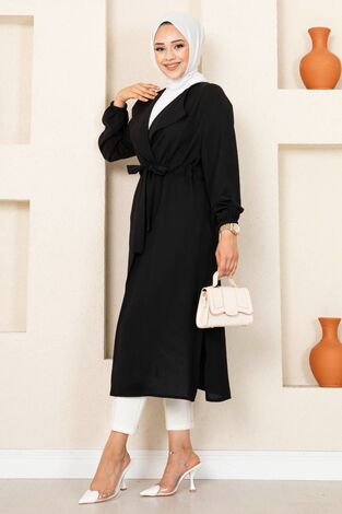 Tünel Kemerli Tesettür Kimono Siyah - Thumbnail