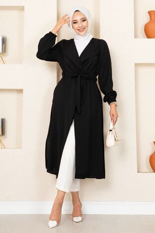 Tünel Kemerli Tesettür Kimono Siyah - Thumbnail