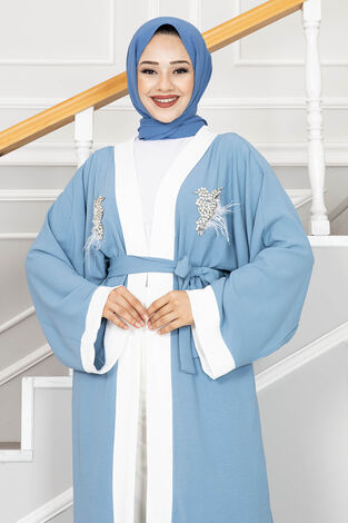 Tüy Detaylı Taşlı Tesettür Kimono Açık Mavi - Thumbnail