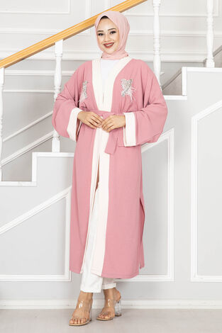 Tüy Detaylı Taşlı Tesettür Kimono Gülkurusu - Thumbnail