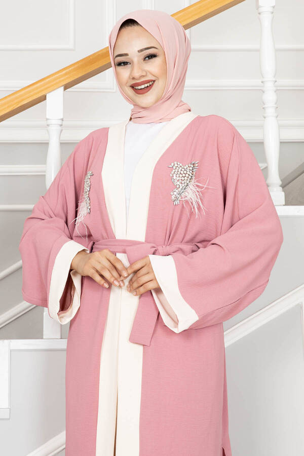 Tüy Detaylı Taşlı Tesettür Kimono Gülkurusu