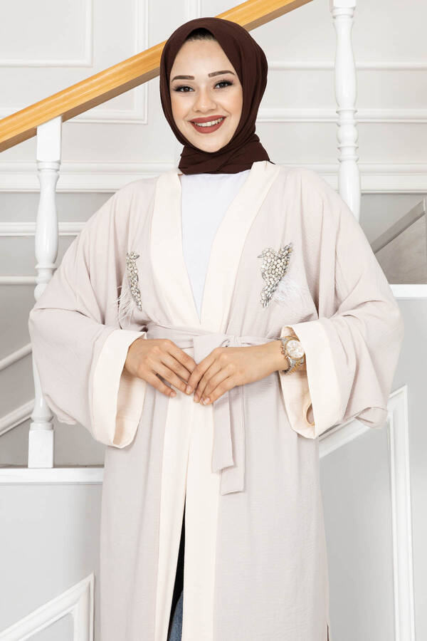 Tüy Detaylı Taşlı Tesettür Kimono Krem