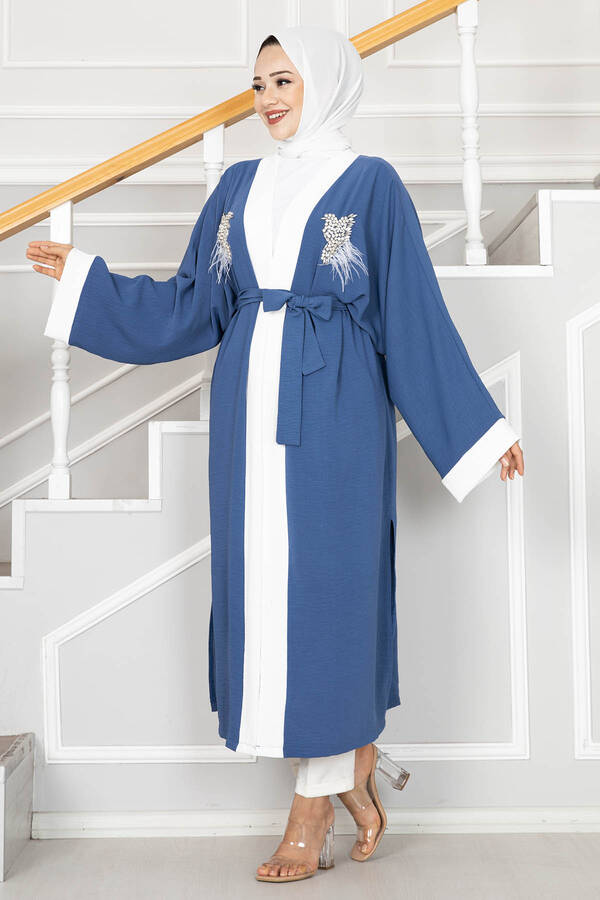 Tüy Detaylı Taşlı Tesettür Kimono Mavi