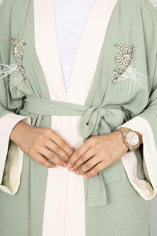 Tüy Detaylı Taşlı Tesettür Kimono Mint - Thumbnail