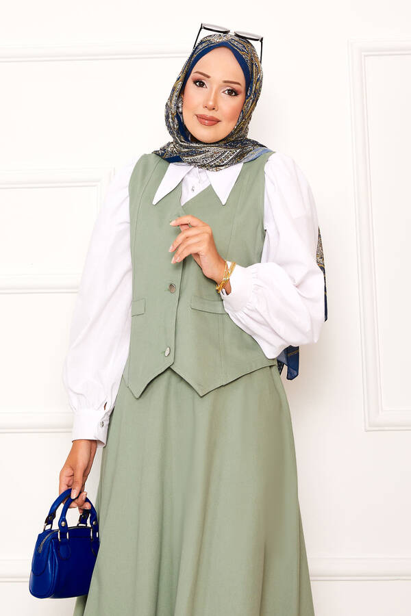 Max - Üç Düğmeli Yelek Etek İkili Takım Mint (1)