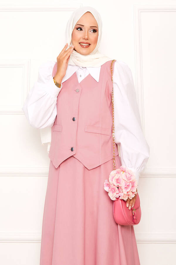 Max - Üç Düğmeli Yelek Etek İkili Takım Pembe (1) Max - Üç Düğmeli Yelek Etek İkili Takım Pembe (1)