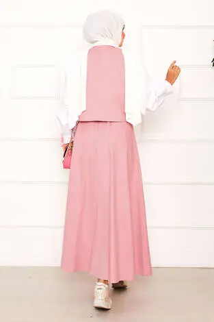 Üç Düğmeli Yelek Etek İkili Takım Pembe - Thumbnail