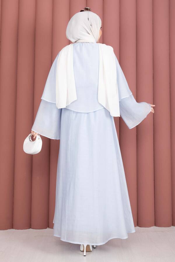 Üstü Allerli Broş Detaylı Üçlü Tesettür Takım Bebe Mavisi - 5