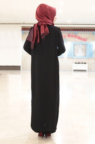 Üstü Şifon Pliseli Elbise 1871-2 Siyah - Thumbnail