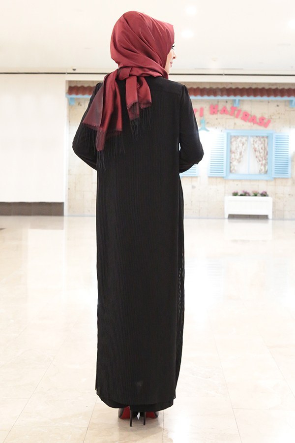 Üstü Şifon Pliseli Elbise 1871-2 Siyah