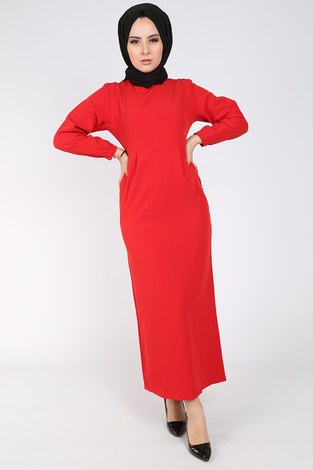 Uzun Kalem Elbise 66666-26 kırmızı - Thumbnail