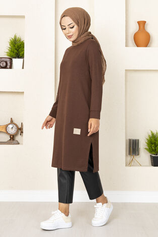 Uzun Yırtmaçlı Tesettür Tunik Kahve - Thumbnail
