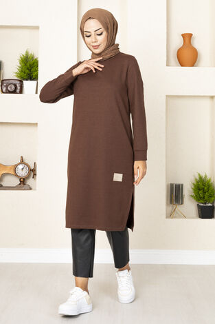 Uzun Yırtmaçlı Tesettür Tunik Kahve - Thumbnail