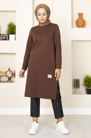 Uzun Yırtmaçlı Tesettür Tunik Kahve - Thumbnail