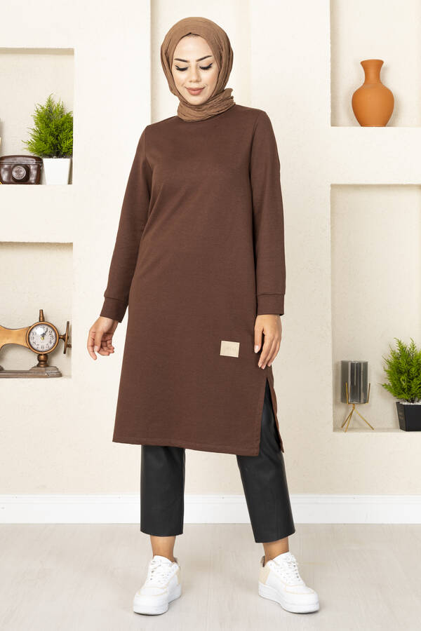 Uzun Yırtmaçlı Tesettür Tunik Kahve