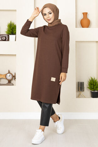 Uzun Yırtmaçlı Tesettür Tunik Kahve - Thumbnail