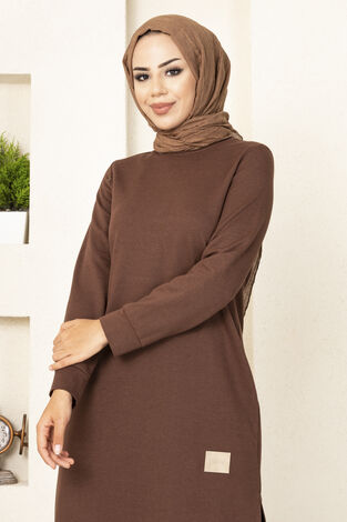 Uzun Yırtmaçlı Tesettür Tunik Kahve - Thumbnail