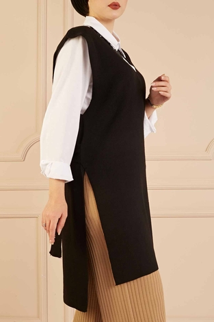 V Yaka Oversize Süveter 160SAG1204 Siyah - Thumbnail