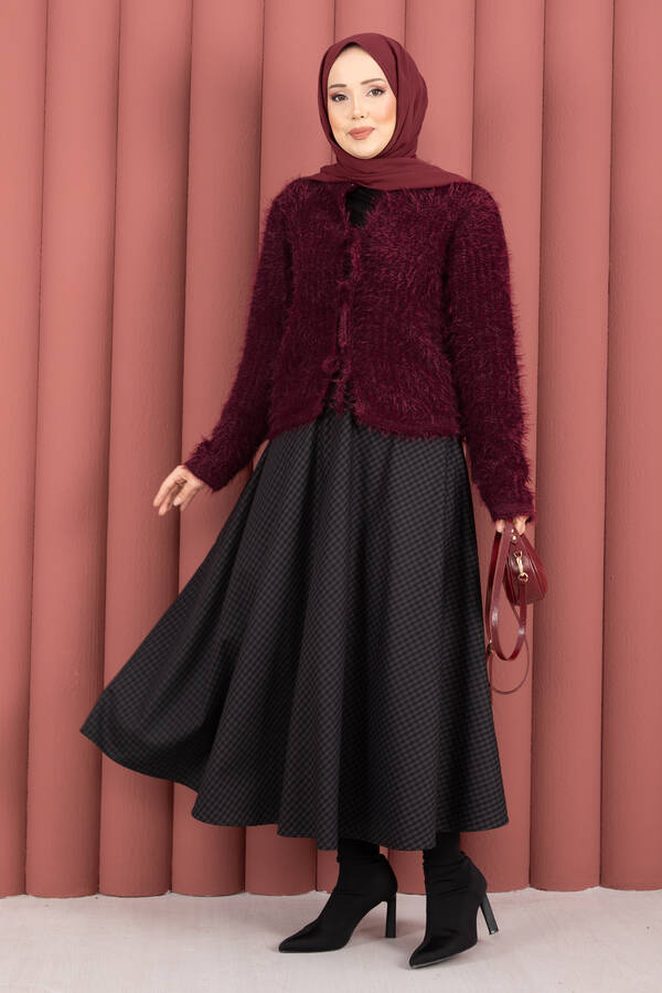 Mo - Vera Önden Bağlamalı Peluş Hırka Bordo (1)