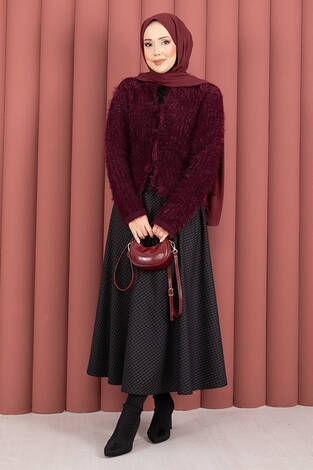 Vera Önden Bağlamalı Peluş Hırka Bordo - Thumbnail