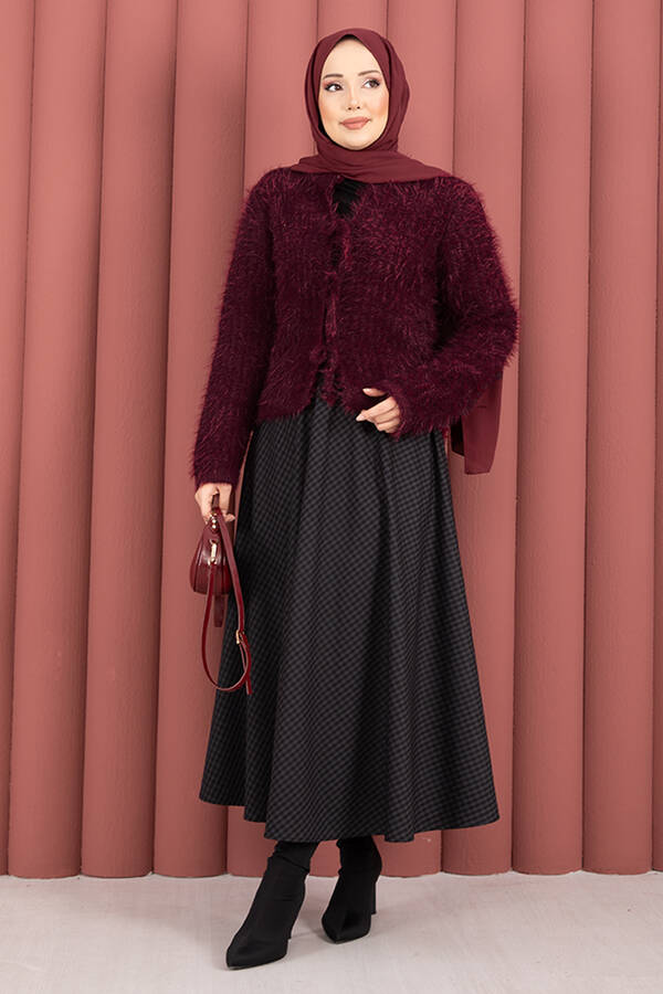 Vera Önden Bağlamalı Peluş Hırka Bordo - 5