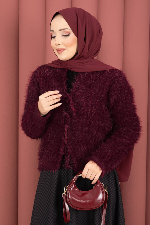 Vera Önden Bağlamalı Peluş Hırka Bordo - 3