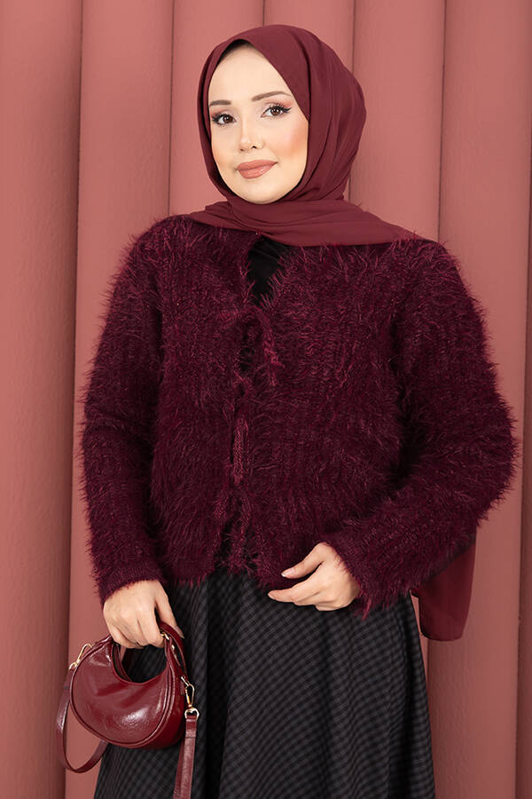 Mo - Vera Önden Bağlamalı Peluş Hırka Bordo