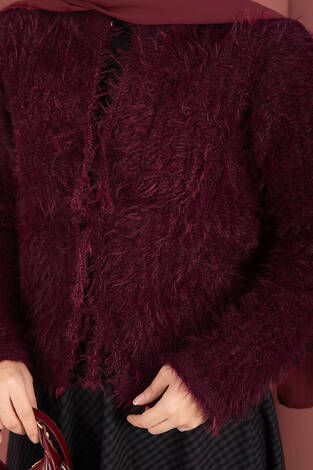 Vera Önden Bağlamalı Peluş Hırka Bordo - Thumbnail