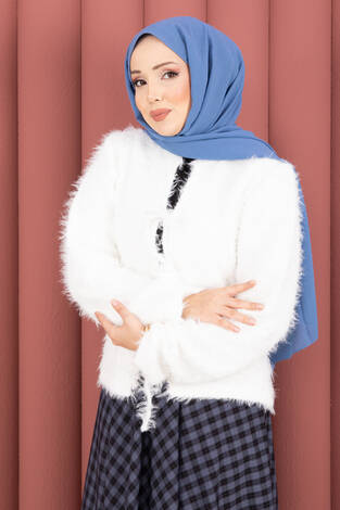 Vera Önden Bağlamalı Peluş Hırka Ekru - Thumbnail