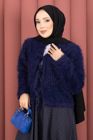 Vera Önden Bağlamalı Peluş Hırka Lacivert - Thumbnail