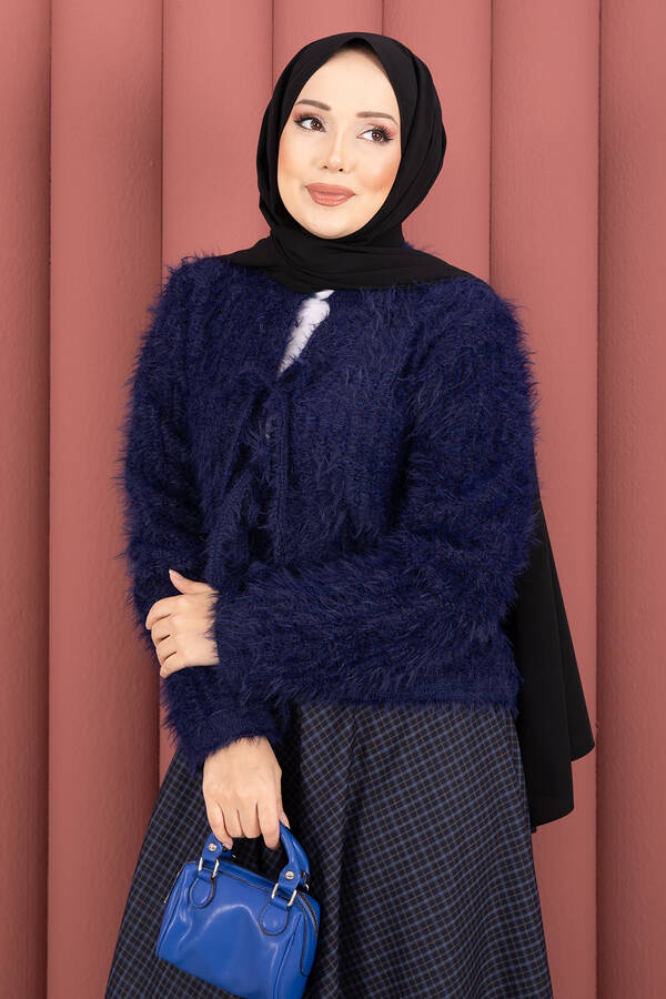 Mo - Vera Önden Bağlamalı Peluş Hırka Lacivert