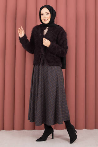 Vera Önden Bağlamalı Peluş Hırka Mürdüm - Thumbnail