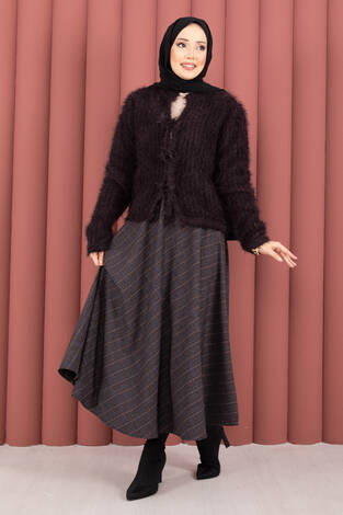 Vera Önden Bağlamalı Peluş Hırka Mürdüm - Thumbnail