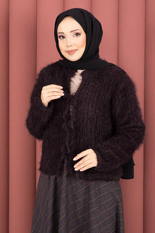 Vera Önden Bağlamalı Peluş Hırka Mürdüm - Thumbnail