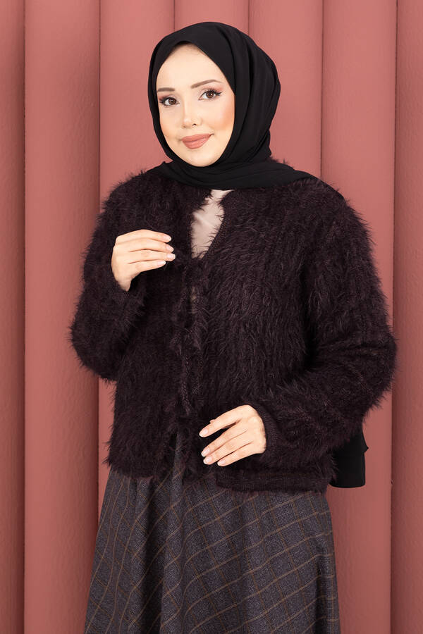 Mo - Vera Önden Bağlamalı Peluş Hırka Mürdüm