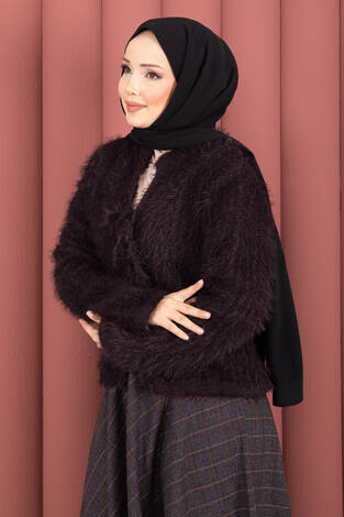 Vera Önden Bağlamalı Peluş Hırka Mürdüm - Thumbnail