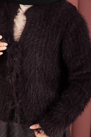 Vera Önden Bağlamalı Peluş Hırka Mürdüm - Thumbnail