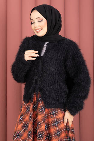 Vera Önden Bağlamalı Peluş Hırka Siyah - Thumbnail