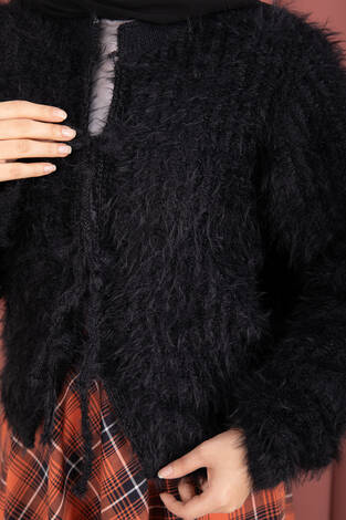 Vera Önden Bağlamalı Peluş Hırka Siyah - Thumbnail