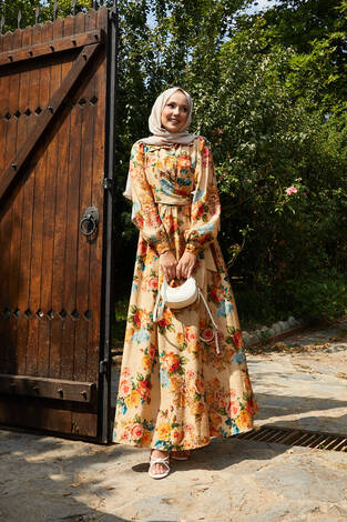 Vintage Desen Yandan Bağlamalı Elbise Camel - Thumbnail