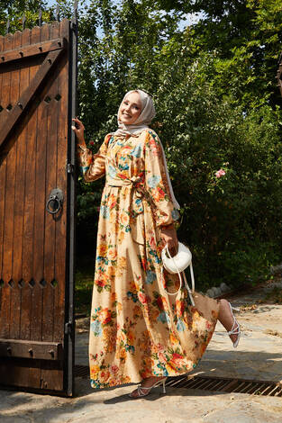 Vintage Desen Yandan Bağlamalı Elbise Camel - Thumbnail