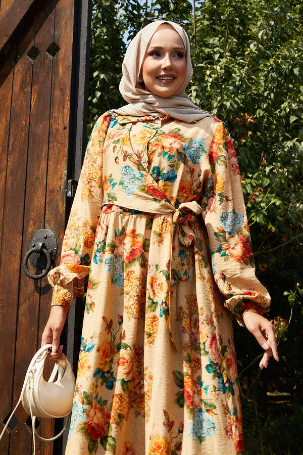 Efl - Vintage Desen Yandan Bağlamalı Elbise Camel (1)