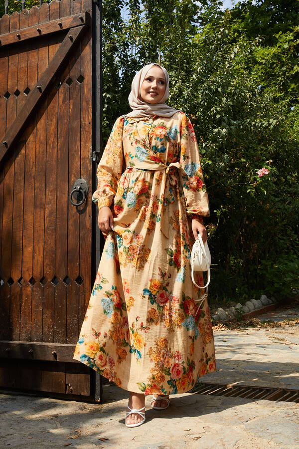 Vintage Desen Yandan Bağlamalı Elbise Camel