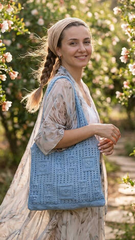 Vintage Kare Motifli Yaz Çantası Bebe Mavisi