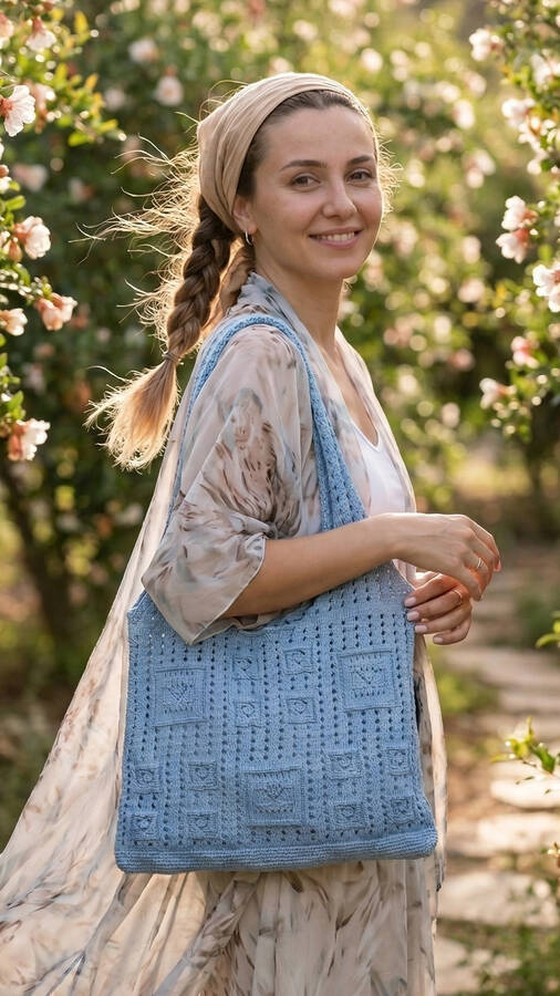 Krd - Vintage Kare Motifli Yaz Çantası Bebe Mavisi