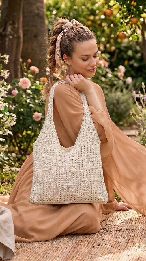 Krd - Vintage Kare Motifli Yaz Çantası Ekru