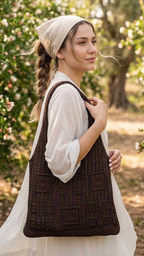 Krd - Vintage Kare Motifli Yaz Çantası Kahve