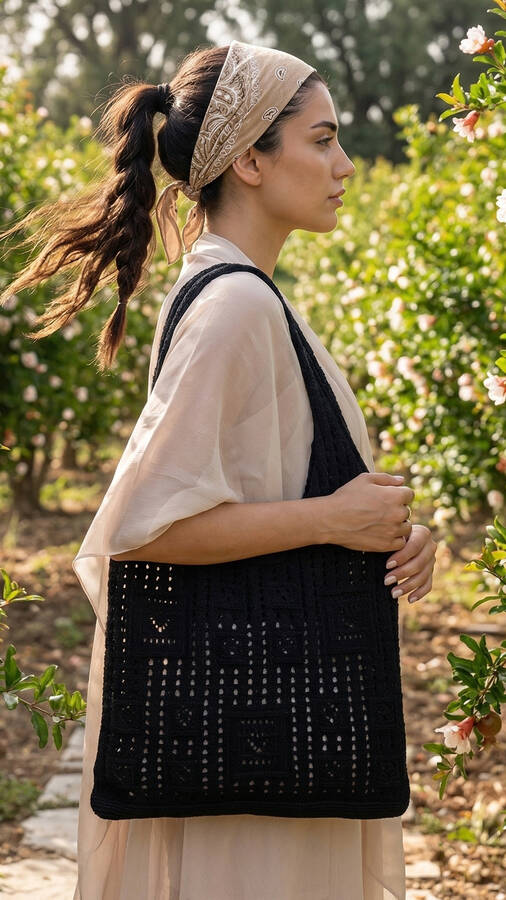 Krd - Vintage Kare Motifli Yaz Çantası Siyah