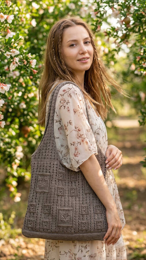 Krd - Vintage Kare Motifli Yaz Çantası Vizon